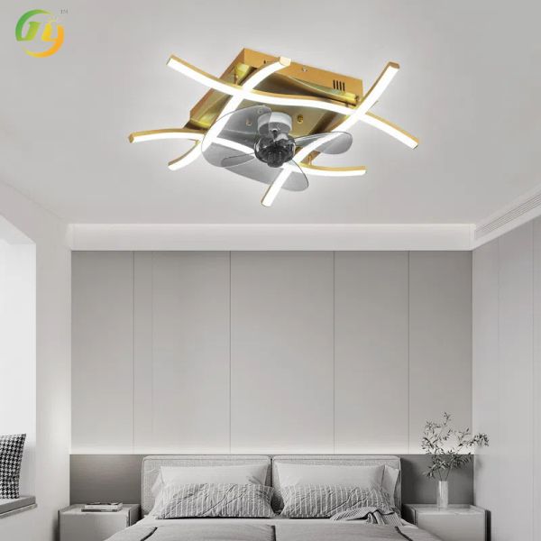 Modern Simple Home Intelligent Timing Control High Wind Power Square White Gold Ceiling Fan Light