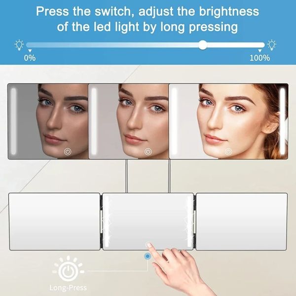 360 Degree Mirror with LED 3-Way Mirror Hair Self Cutting 3 Sides Folding Makeup Mirror with light(WH-MR-86)