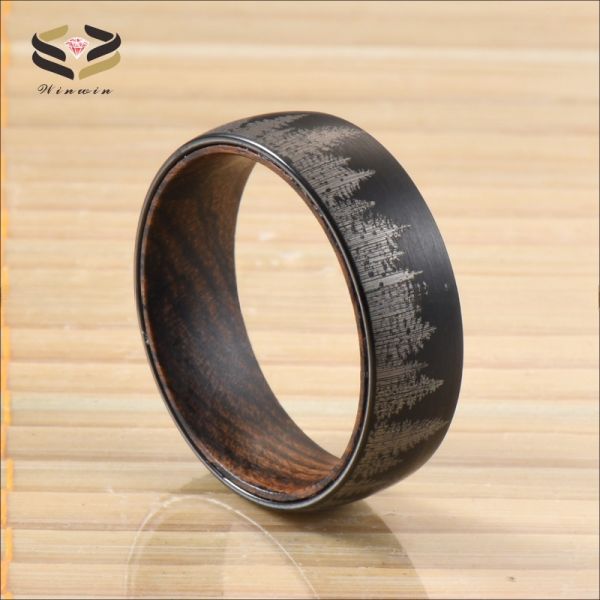 Bague en tungstène noir plaqué 8mm avec incrustation en bois de fût de whisky et ébène doré, alliances ou bagues géométriques