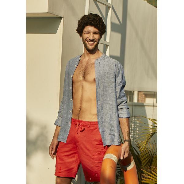 Multicolored Woven Custom Mens Casual Linen Shirts Banded Collar Standard Fit