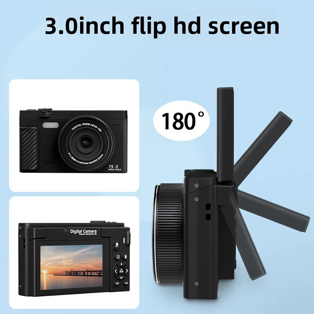 3 Inch Ultra HD 4K 75MP Mirrorless Camera 18X Zoom 31 Beauty Filters For Live Streaming