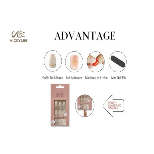 Long Artificial Press On Nude Coffin Nails With Crystal Stone