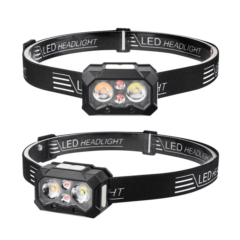 Dual Light Source LED Headlamp with Yellow & White Light Built-in USB Charging Lithium Battery Wave Induction Night Fishing Tool