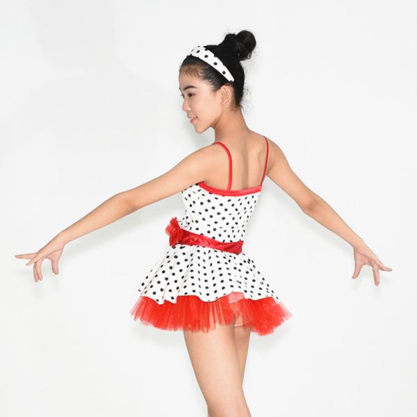Lycra Kids Dance Clothes Red White Polka Dot Dance Dress With Flowers Trim