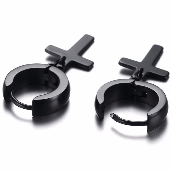 Punk Men Ear Stud Circle Round Cross Huggie Earrings for Men Small Crucifix Cuff Earings Stainless Steel Hip Hop Male Je