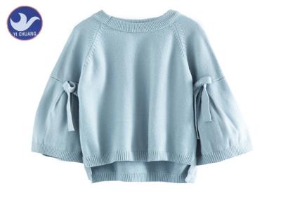Big Sleeves Loose Knit Girls Pullover Sweaters Butterfly Knot Light Blue Color