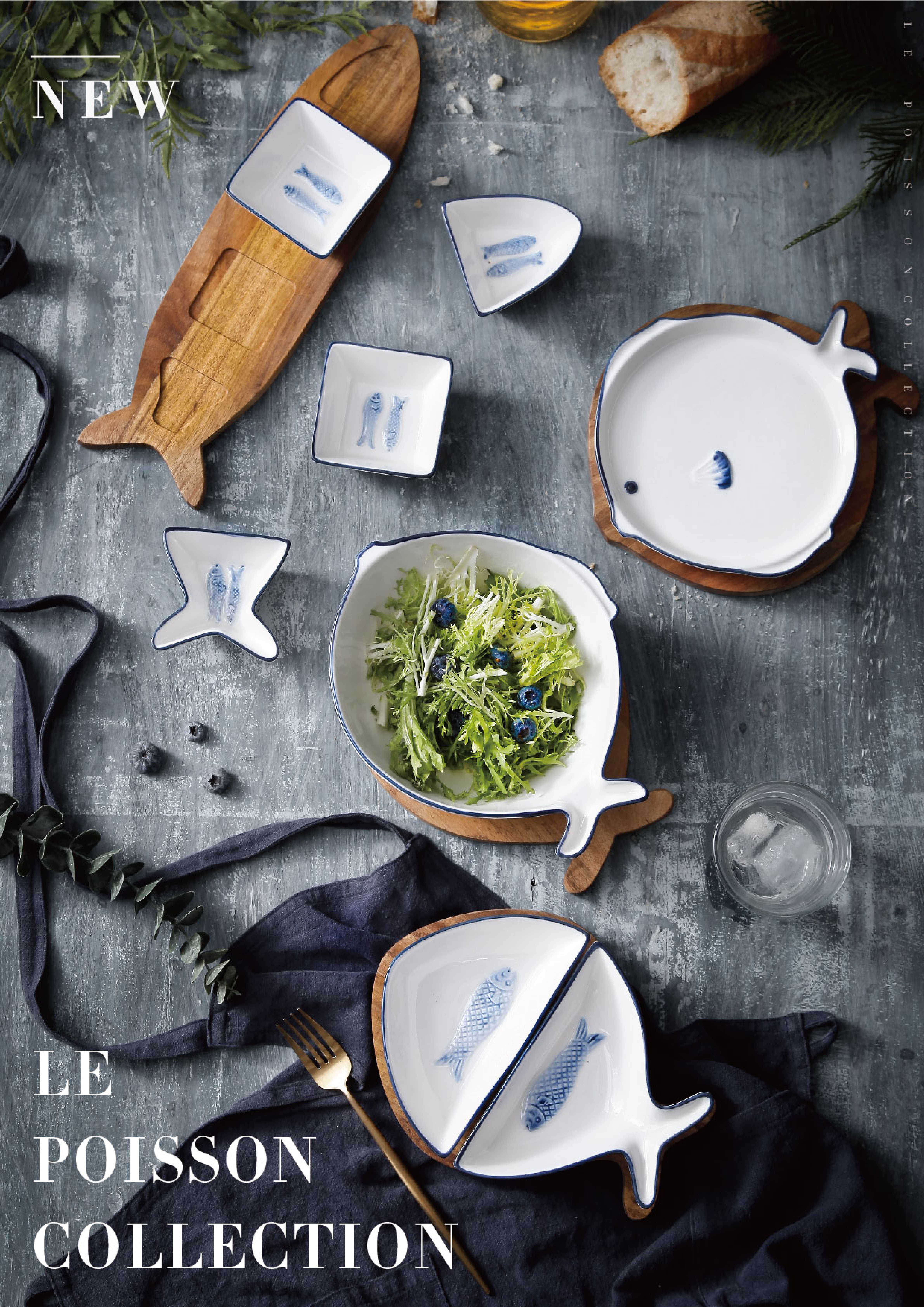 FDA Le Possion Wooden Base Fish Shape Snack China Dinnerware Set