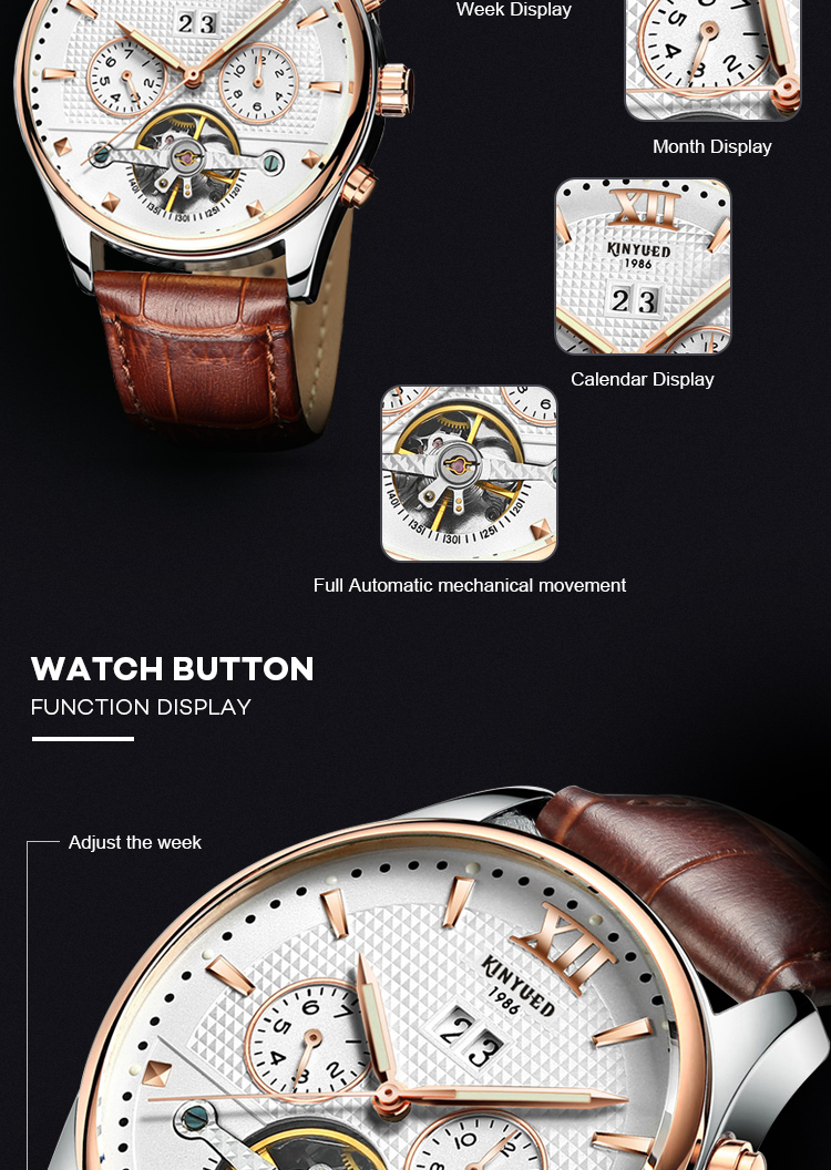 KINYUED Power Reserve Sport Custom Waterproof Watch Genuine Leather Strap For Watch Mechanical Wristwatch