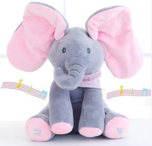 Grey Peek A Boo Music Plush Toys , Electronic Stuffed Elephant Toy