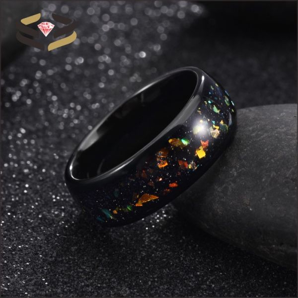 Anillo de boda de tungsteno negro abovedado de 8 mm con incrustaciones de ópalo colorido y otras incrustaciones tipo perla