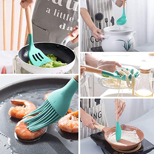 18-Piece Green Silicone Cookware Set with Storage Bucket Non-stick Spatula Included