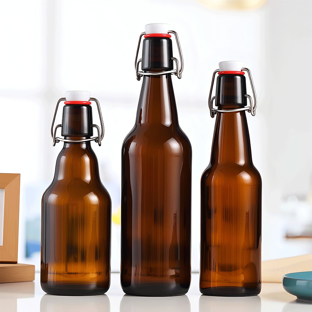 Amber Glass Kombucha Bottle with Airtight Swing Top for Home Brewing Fermentation