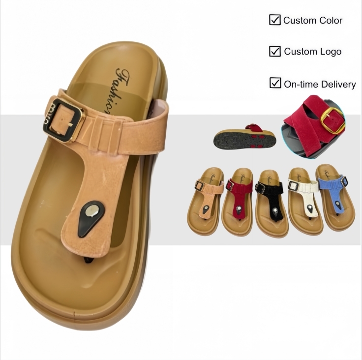 Flocked Pleated T-Strap Sandals with PVC Sole and Metal Buckle | Factory Wholesale
