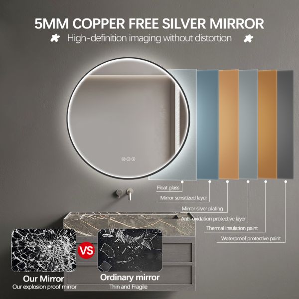 Luxury Circular Commercial Mirrors , Round Black Framed LED Bathroom Mirror