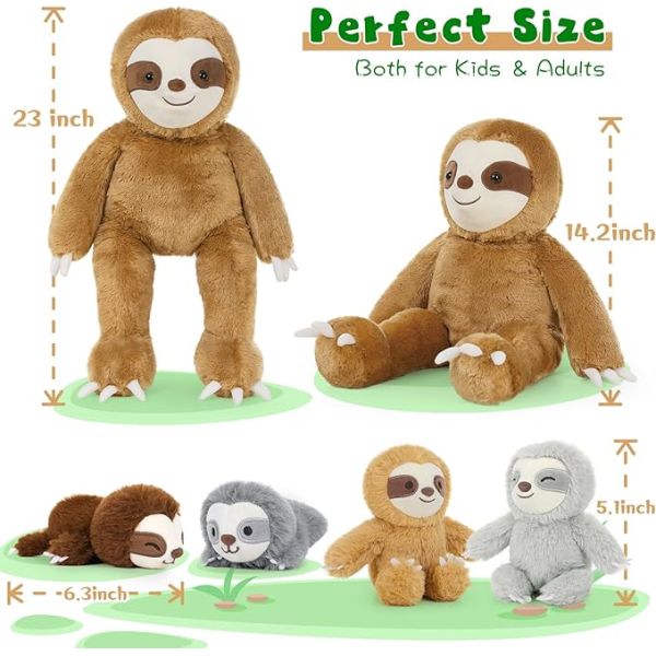 Large 22in Cute Lazy Sloth Stuffed Animal Toy 5pcs Mommy and 4 Baby Sloths Plush Perfect Birthday Gift Kids Boys Girls