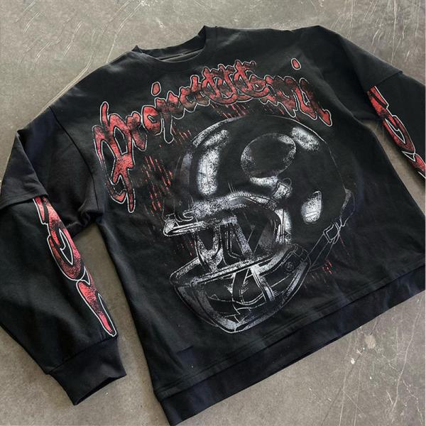camiseta de manga longa lavada preta camiseta de peso pesado masculino camiseta de lavagem com ácido estilo Hip Hop