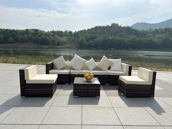 Sofá de Rattan Indoor PE Outdoor Com Sofá Lateral, Sofá Médio, Otomano, Mesa de Café