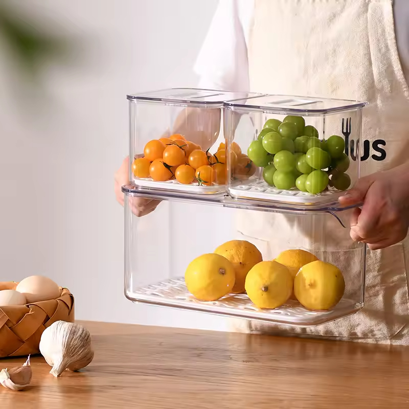 Durable Transparent Superimposable Crisper Drain Basket Fruit Vegetable Storage Box for Kitchen Refrigerator
