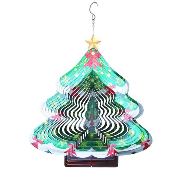 Width 27cm Rotating Metal Wind Spinner 3D Christmas Tree Wind Chimes