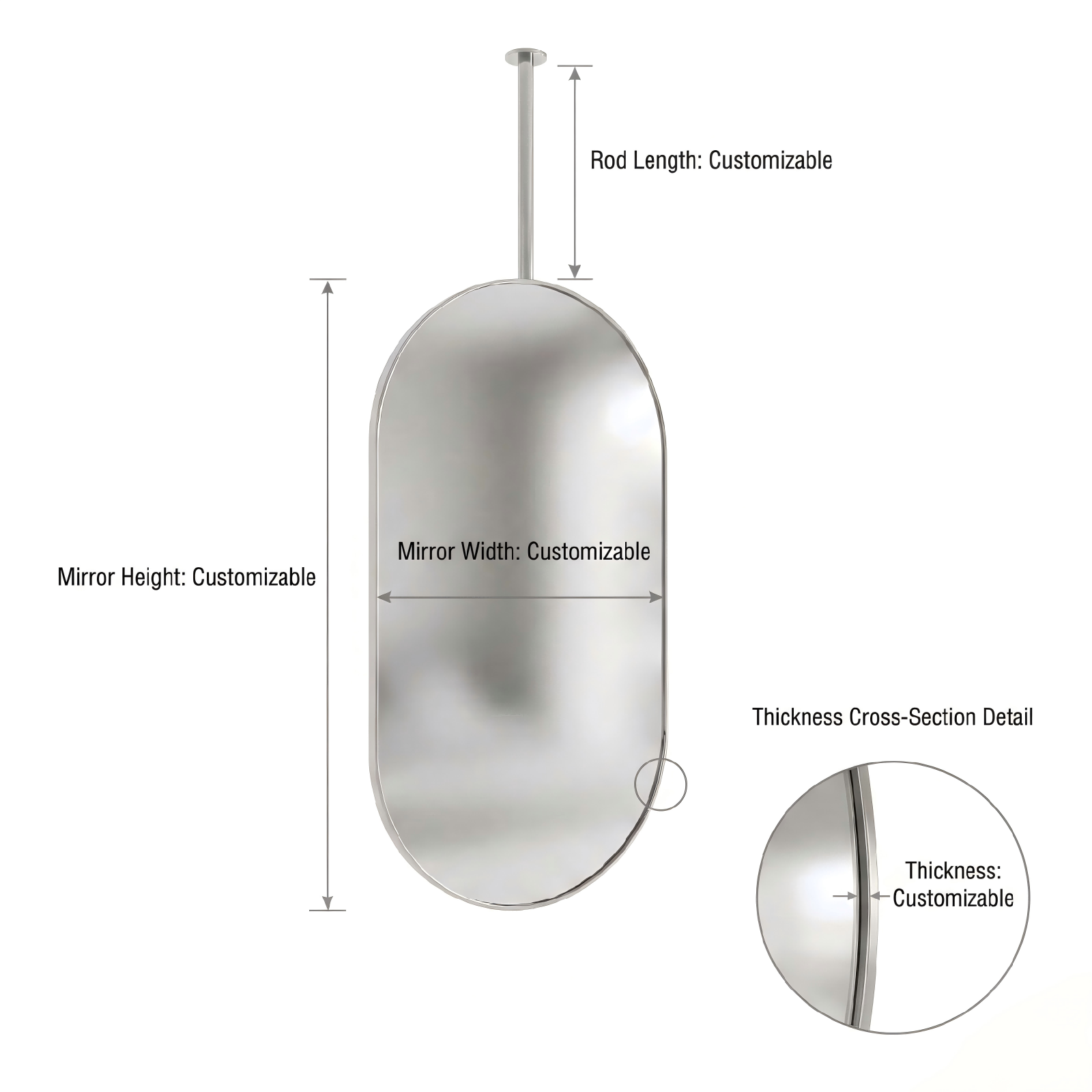 Kingstin Custom Stainless Steel Ceiling Mounted Oval Bathroom Mirror, Hanging Vanity Mirror for Hotel & Villa