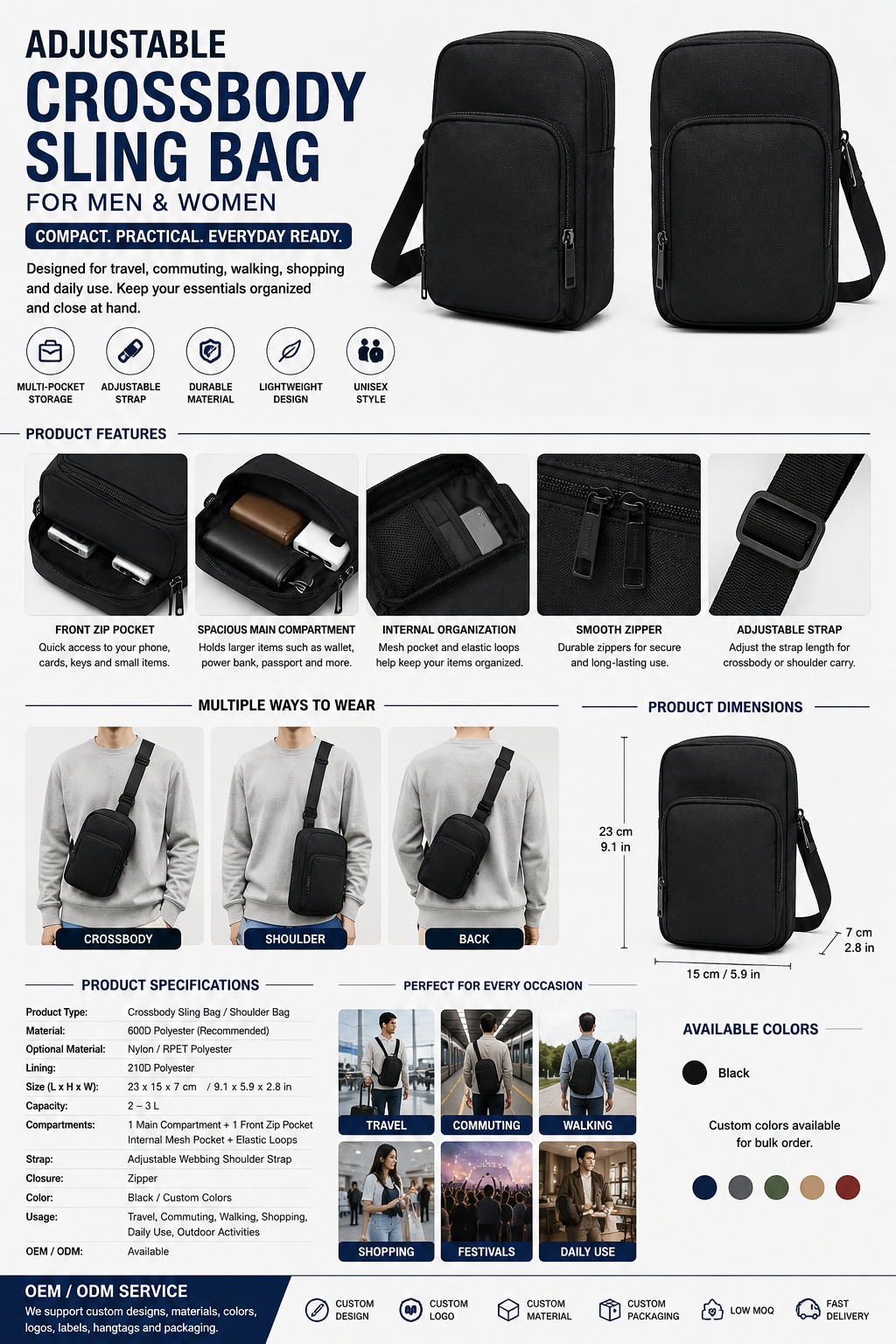 Adjustable Crossbody Sling Bag for Men and Women, Durable Zipper Shoulder Bag with Multi-Pocket Storage for Travel, Commuting & Everyday Carry