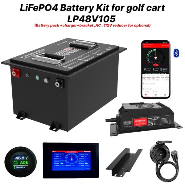 48V 105Ah 51.2V LiFePO4 Kit de batterie pour chariot de golf, 250A BMS, 4000+ cycles batterie au lithium, puissance maximale de 12,8 kW
