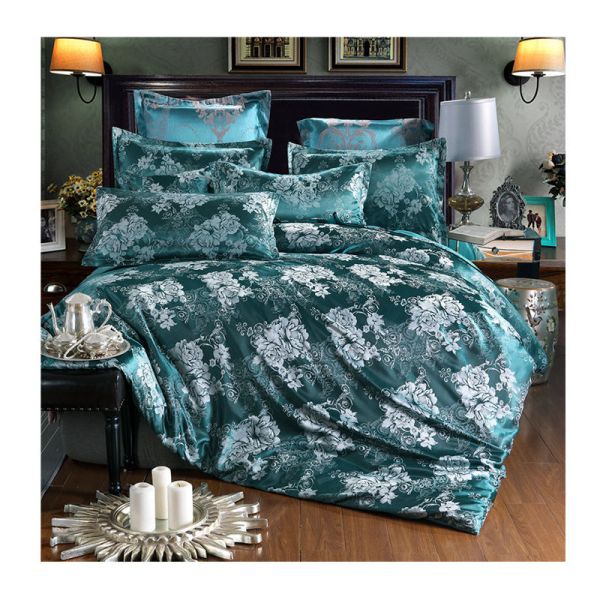 Solid Colour Satin Duvet Cover Set European Retro Baroque Style Custom Jacquard Blue