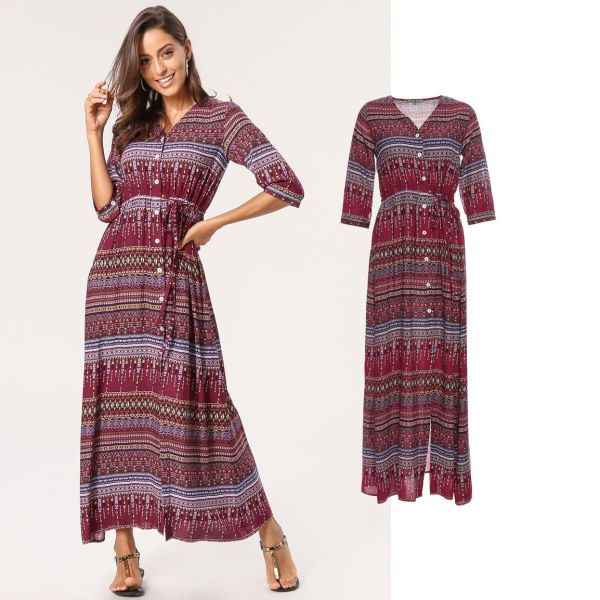 Newest Design Women Boho Maxi Dress with Button Panel