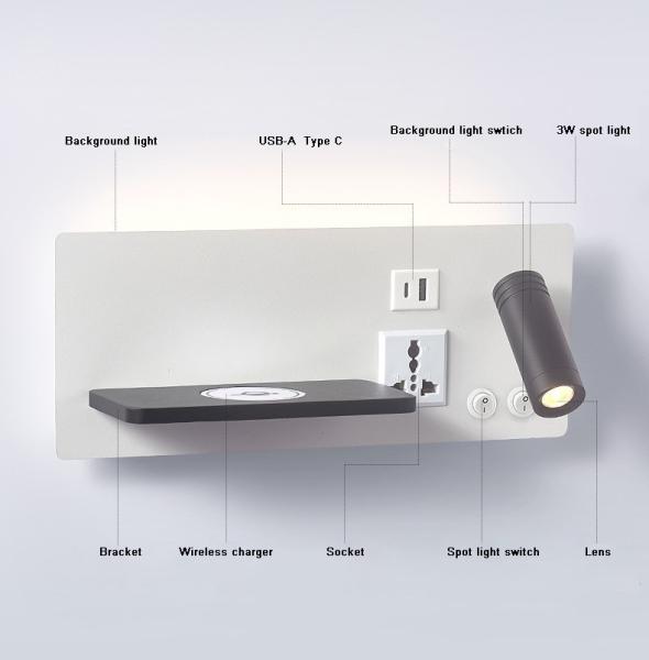 Multifunctional hotel villa apartment reading wall lamp USB Type-C wireless charger socket bedside light bedroom lamp