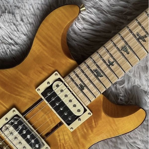 Custom Yellow Santana Retro Electric Guitar Flamed Maple Top Veneer HH Pickups Tremolo