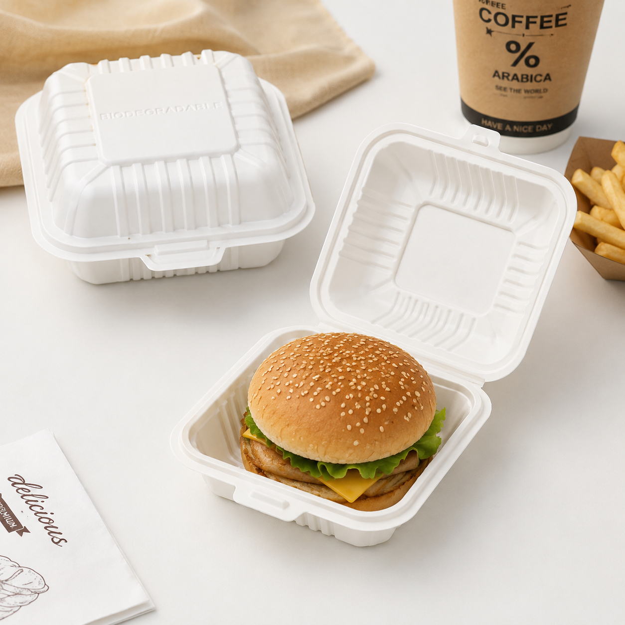 LB-05 White Square Clamshell Takeout Containers for Snacks / Light Meals