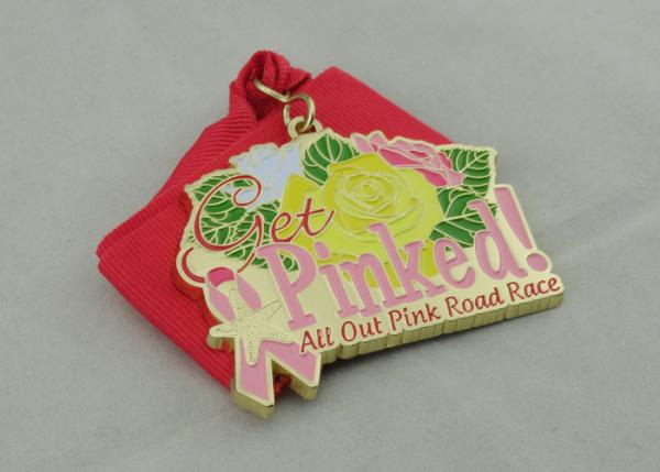Pink Road Race Ribbon Medals 70mm Gold Plating With Soft Enamel