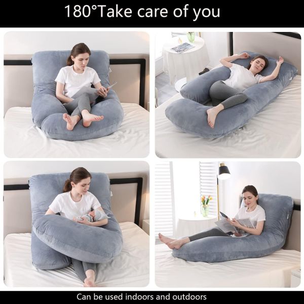 Grey Velvet Cover J Shaped Full Body Pregnancy Pillow for Home Decor Sofa Cushion