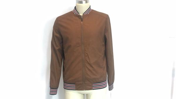 Zip Through Tan PU Leather Bomber Jacket With Tipped Rib Trim TW83211