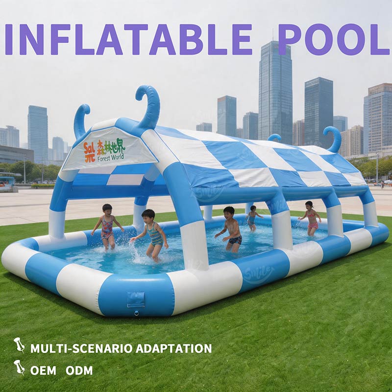 Blue White Checkered Inflatable Pool With Canopy PVC Inflatable Swimming Pool Sun Shade For Kids Outdoor Water Play Ball Pit