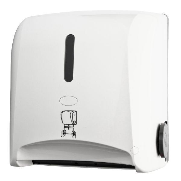 Mechanical Auto Cut Roll Paper Towel Dispenser for 20cm wide roll, white color, ABS plastic, wall mounted