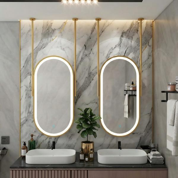 Kingstin Luxury Oval Ceiling Hanging LED Mirror Gold Brushed Frame, Smart Touch Switch Anti-Fog Suspension Bath Mirror