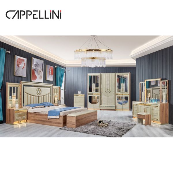 Luxury Gold Wood Double Leather King Size Bed Wooden Modern Home Full Bedroom Furniture Set