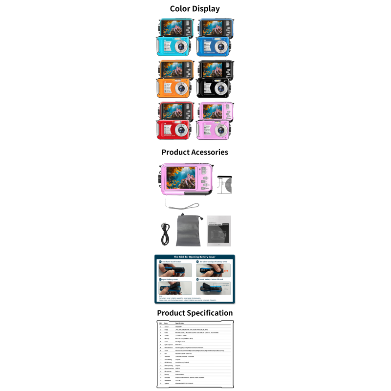 4K Underwater Camera 56MP UHD Video 16X Digital Zoom Anti Shake Auto Focus 2.7 Inch HD Screen for Snorkeling Diving and Swimming