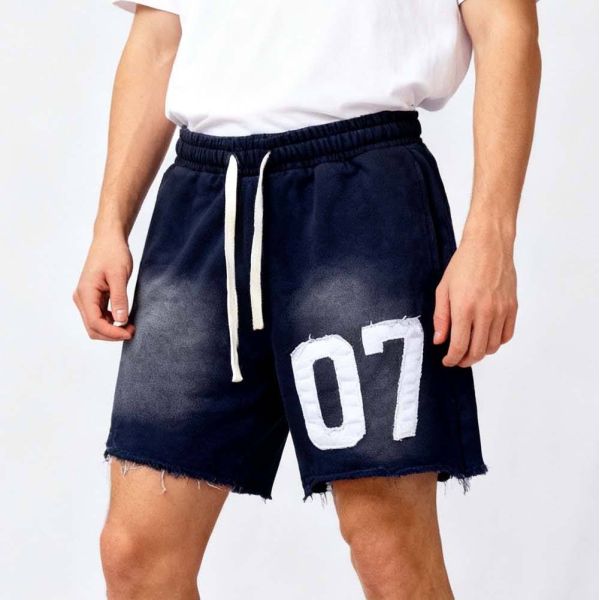 Custom Drawstring Acid Wash Hot Pants Raw Edge Vintage Patch Sun Faded Summer Plain Cotton Distressed Jogger Mens Shorts