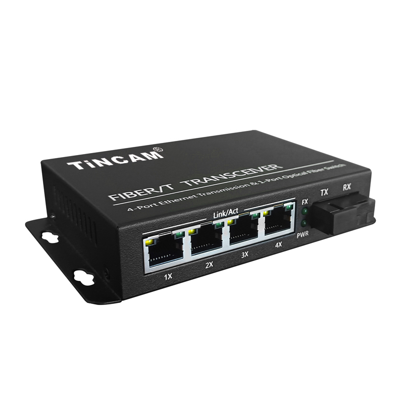TiNCAM Factory 10/100Mbps 1 Fiber 4 PoE Port Fiber Media Converter IEEE 802.3af/at 20km Single Mode Single Fiber 1310nm SC 65W Power Adapter TBC-PSF4314E-S20A