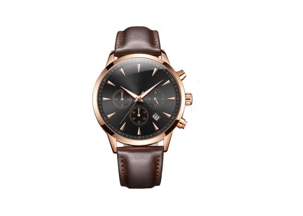 316L Stainless Steel Chronograph Watch Quartz Movt Black Leather Strap
