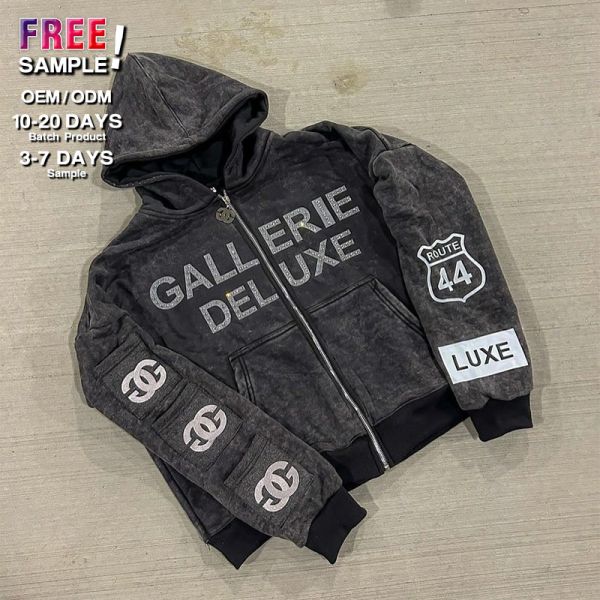 Clothing Manufacturers Custom Rhinestone Acid Washed Zip up Multiple Pockets Vintage Heavyweight Hoodie Sun Faded Hoodies Men