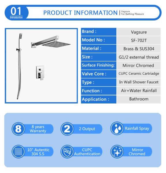 Brass Shower And Tub Faucet Sets With Shower Head Size 25*25cm 304 SS Material
