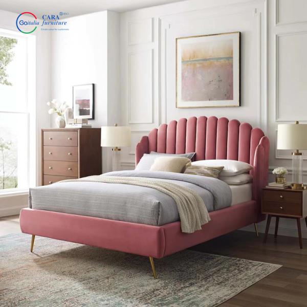 12287 Hot Selling Pink Fabric Wood Frame Metal Leg Bed Luxury Queen Size Bed Frames