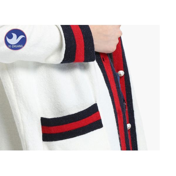 White Women'S Button Down Cardigan Sweaters , Long Oversized Knit Cardigan Lurex Stripes Trims 