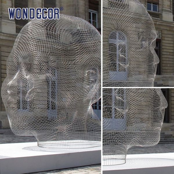 Arte de metal ao ar livre abstrato de malha de fio oco escultura de cabeça humana de aço inoxidável