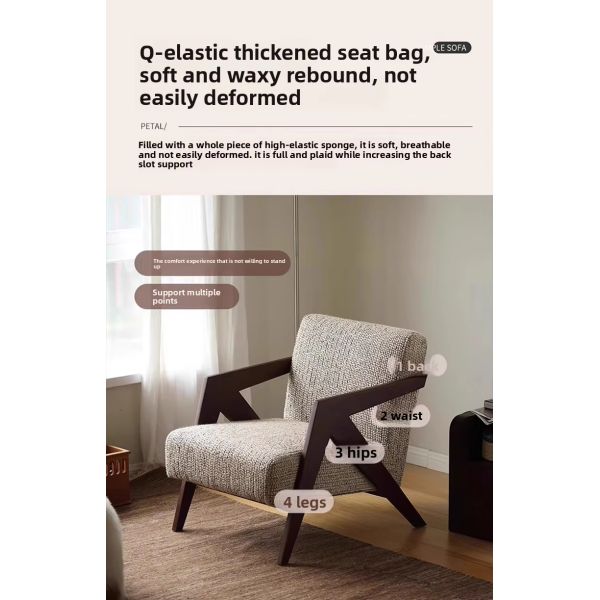Nordic Solid Wood Frame Armrest Backrest Soft Leisure Sofa Chair Modern Luxury Design Eco-Friendly Bedroom Living Room Lounge