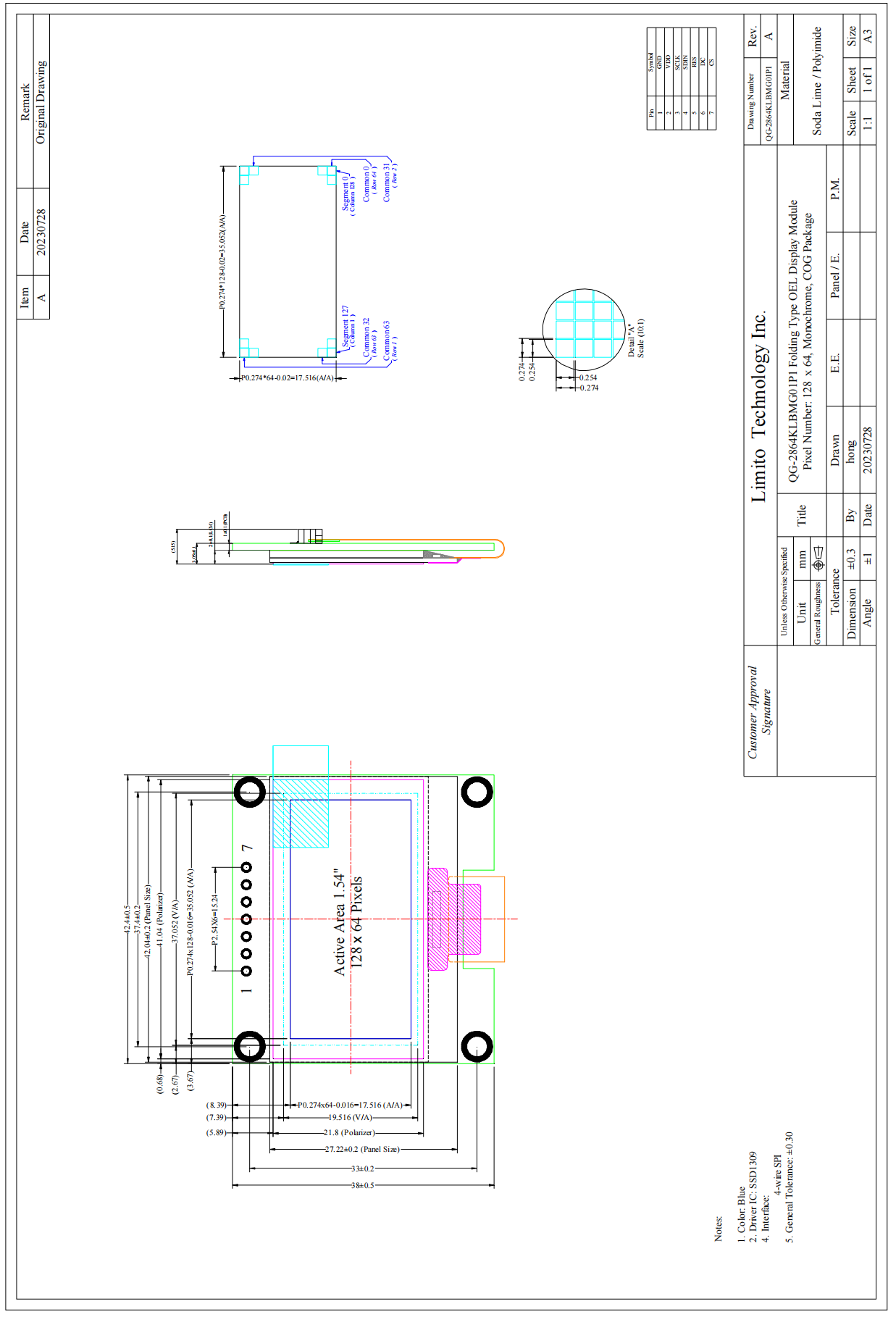 1.54 Inch OLED Display Module 128*64 Resolution With 4 Wire SPI Interface 24 Pin
