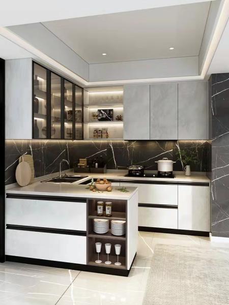 2.5M U Shape Melaminer Modern Modular Kitchen Cabinets With Island Stove
